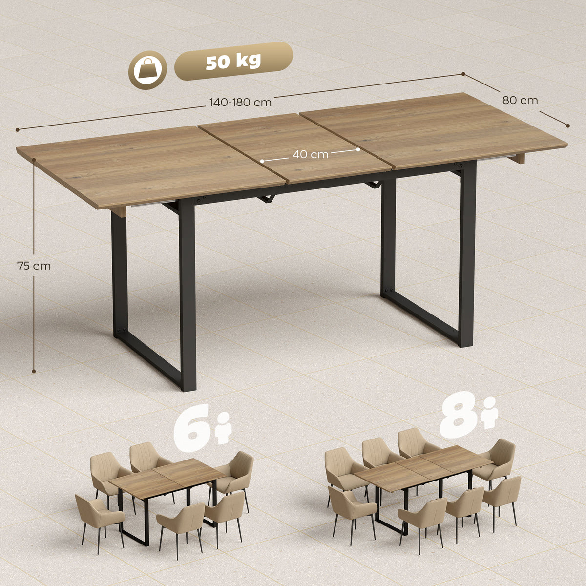 Table à manger extensible rectangle pour 6 à 8 personnes, table de cuisine avec rallonge 140-180 cm, effet bois naturel-2