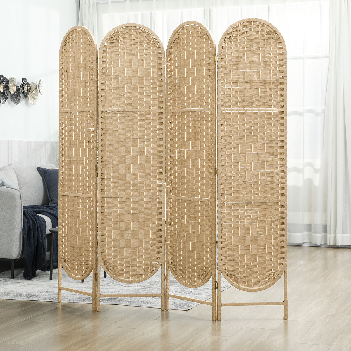 Paravent interieur ovale 4 panneaux 160 x 170 cm séparateur de pièce pliable, léger et tissé, bois naturel-1