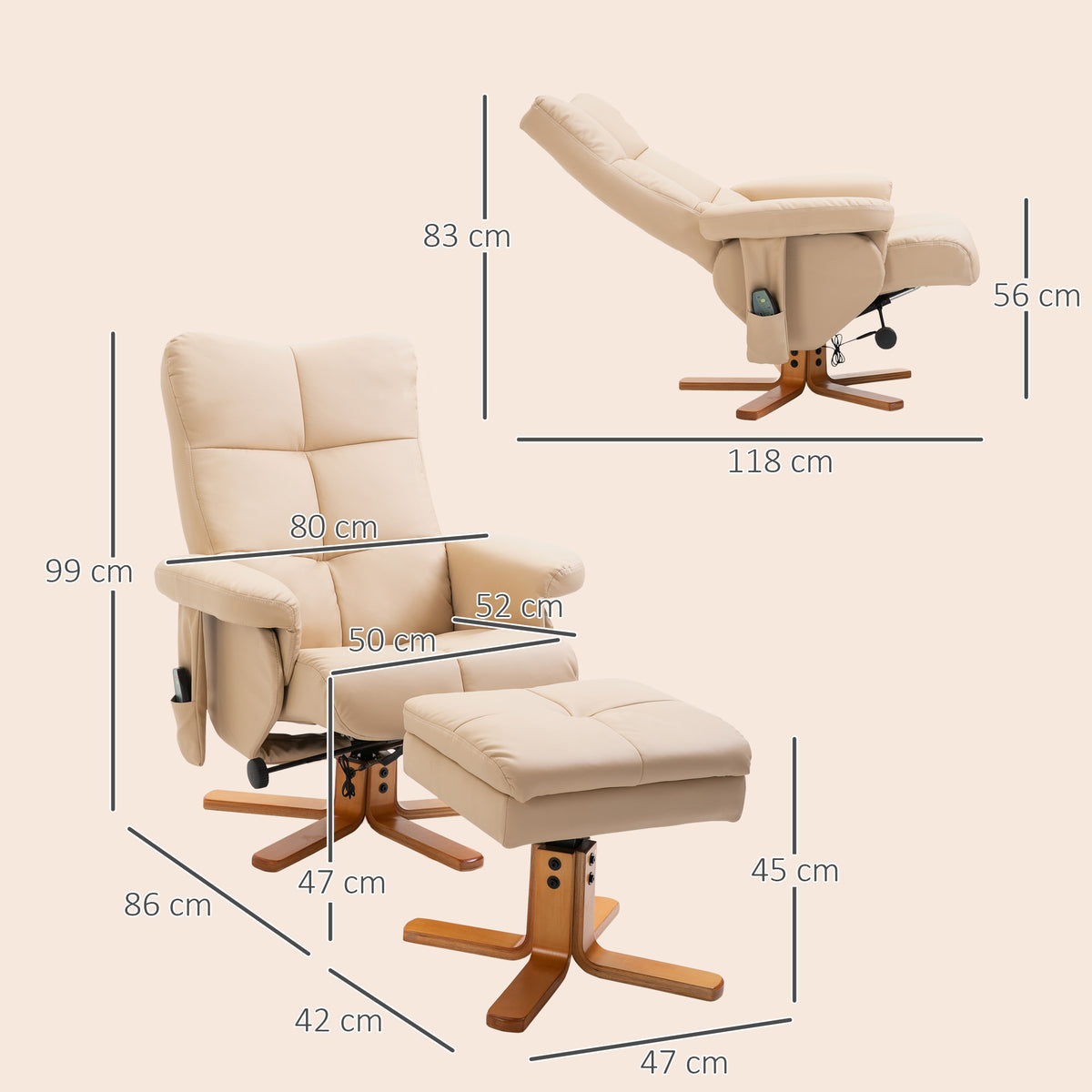 Fauteuil relax massant avec pouf, fauteuil de relaxation pivotant à 360°, dossier inclinable, 80 x 86 x 99 cm, crème-2