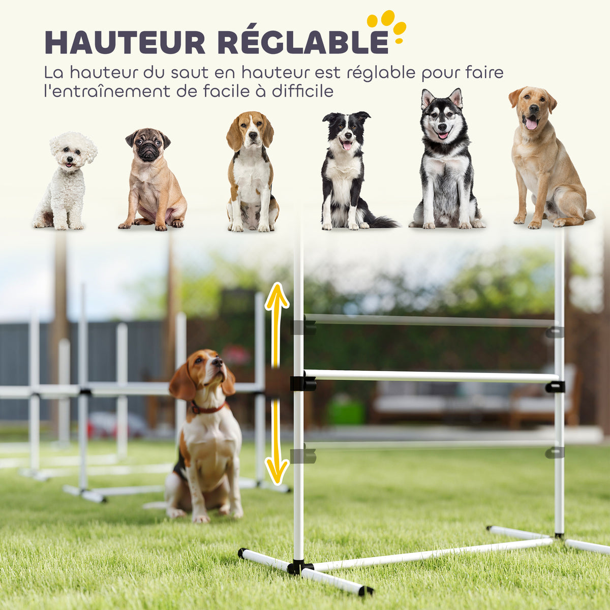 Agility pour Chiens, Kit Agility Chien Parcours, Set de 4 Obstacles Professionnels Hauteur Réglable, Système de Maintien au Sol, Sac de Transport, Jeux Intéressants, Entraînement, Blanc-3