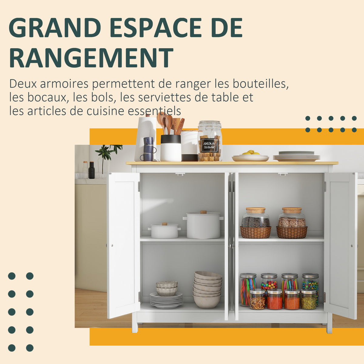 Desserte îlot de cuisine avec 2 tabourets plan de travail rabattable 2 placards avec 4 portes design moderne blanc-5