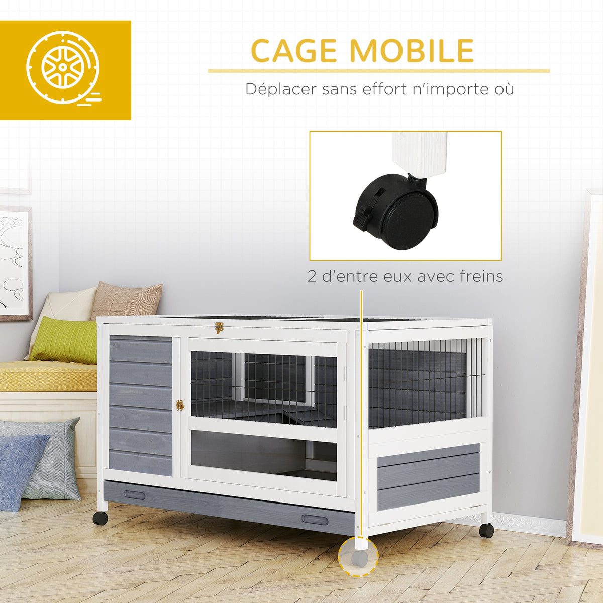 Clapier en bois cage à lapin villa pour lapin avec plateau coulissant, porte verrouillable, dessus ouvrable gris-6