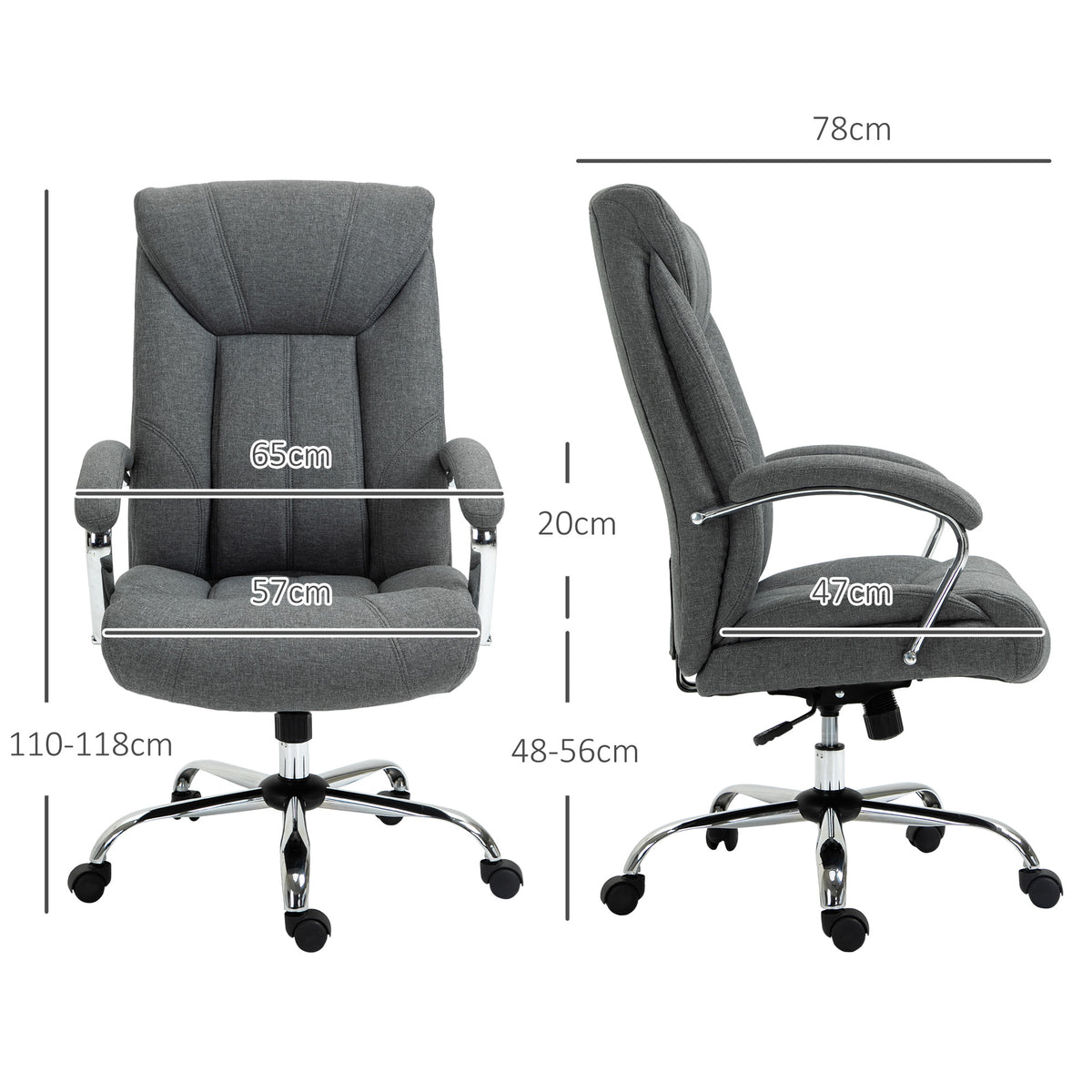Fauteuil de bureau, chaise de bureau ergonomique, hauteur réglable, dossier haut, fonction de bascule, 65x78x118cm, gris-2
