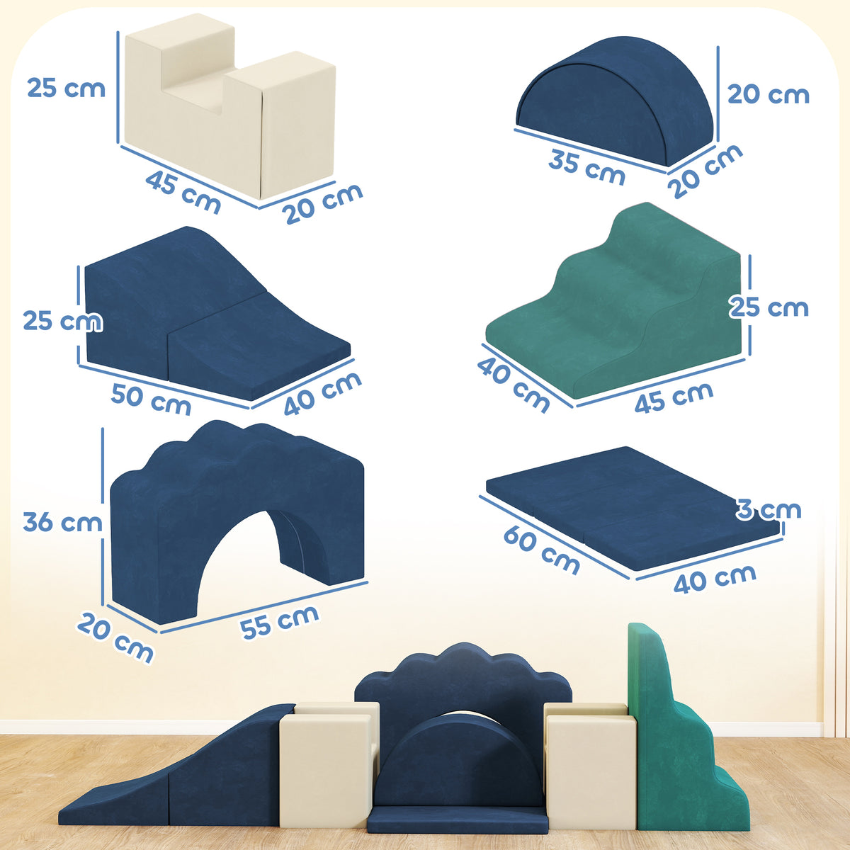 Parcours motricité bébé 7PCS, module en mousse avec housse en velours et base antidérapante, bleu-2