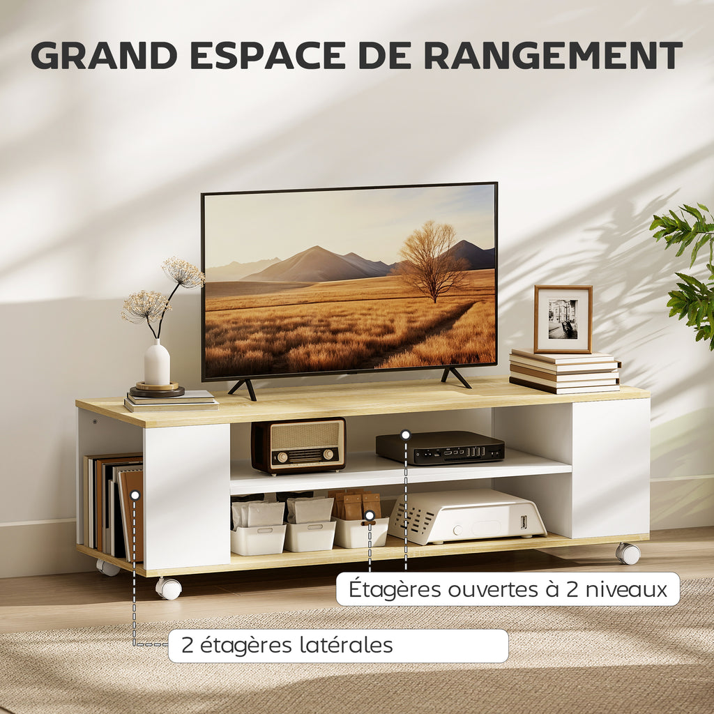 Meuble TV avec roulettes 120 cm, meuble télé pour téléviseur jusqu'à 55 pouces, 2 étagères ouvertes, blanc et naturel-6