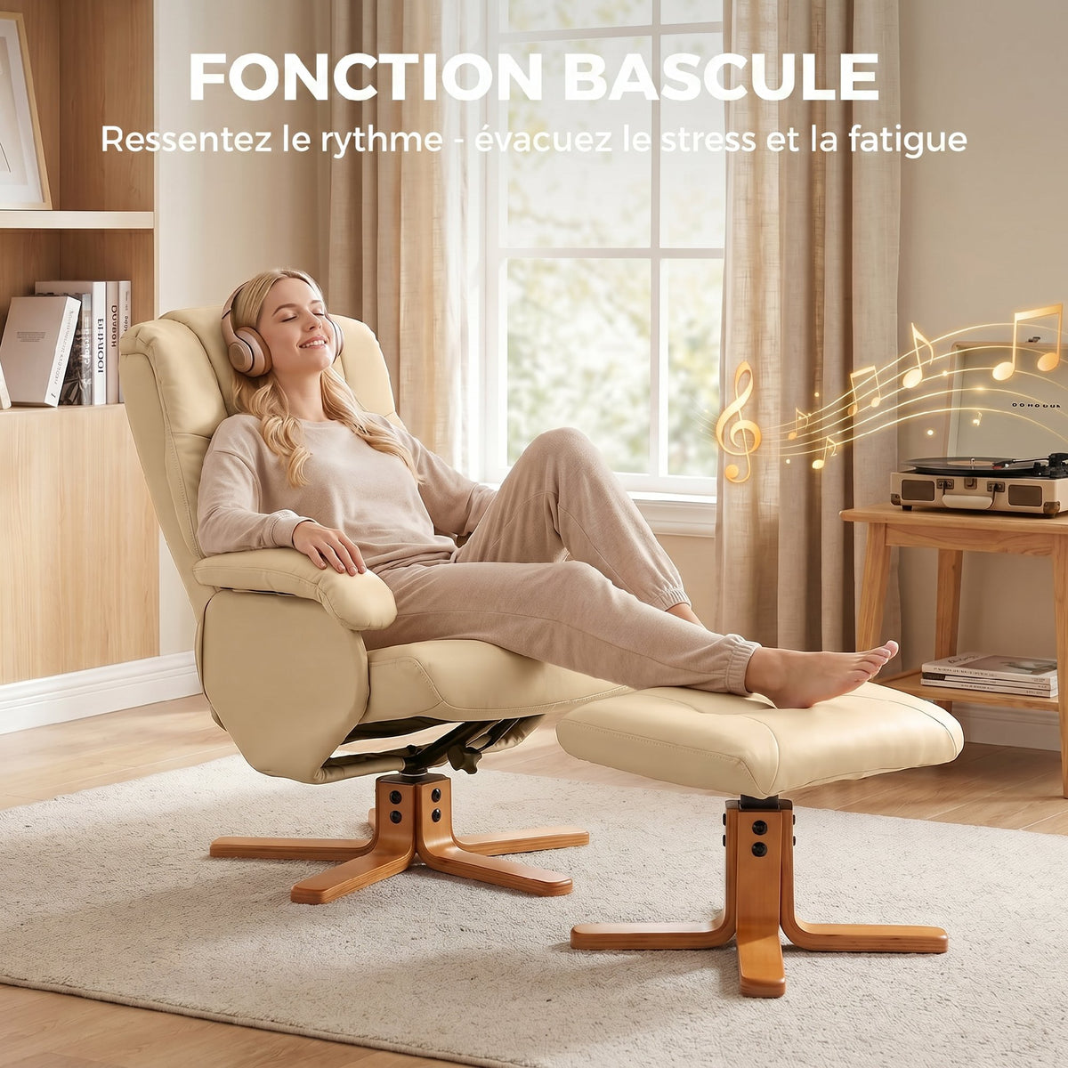Fauteuil relax avec repose-pied fauteuil de relaxation pivotant 360° dossier inclinable charge 120 Kg beige-4
