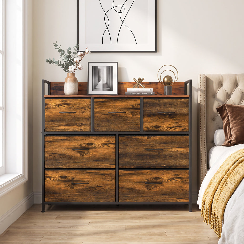 Commode 7 Tiroirs en Tissu Pliables, Commode Chambre Adulte avec Plateau Supérieur et Cadre en Acier, Brun Rustique-7