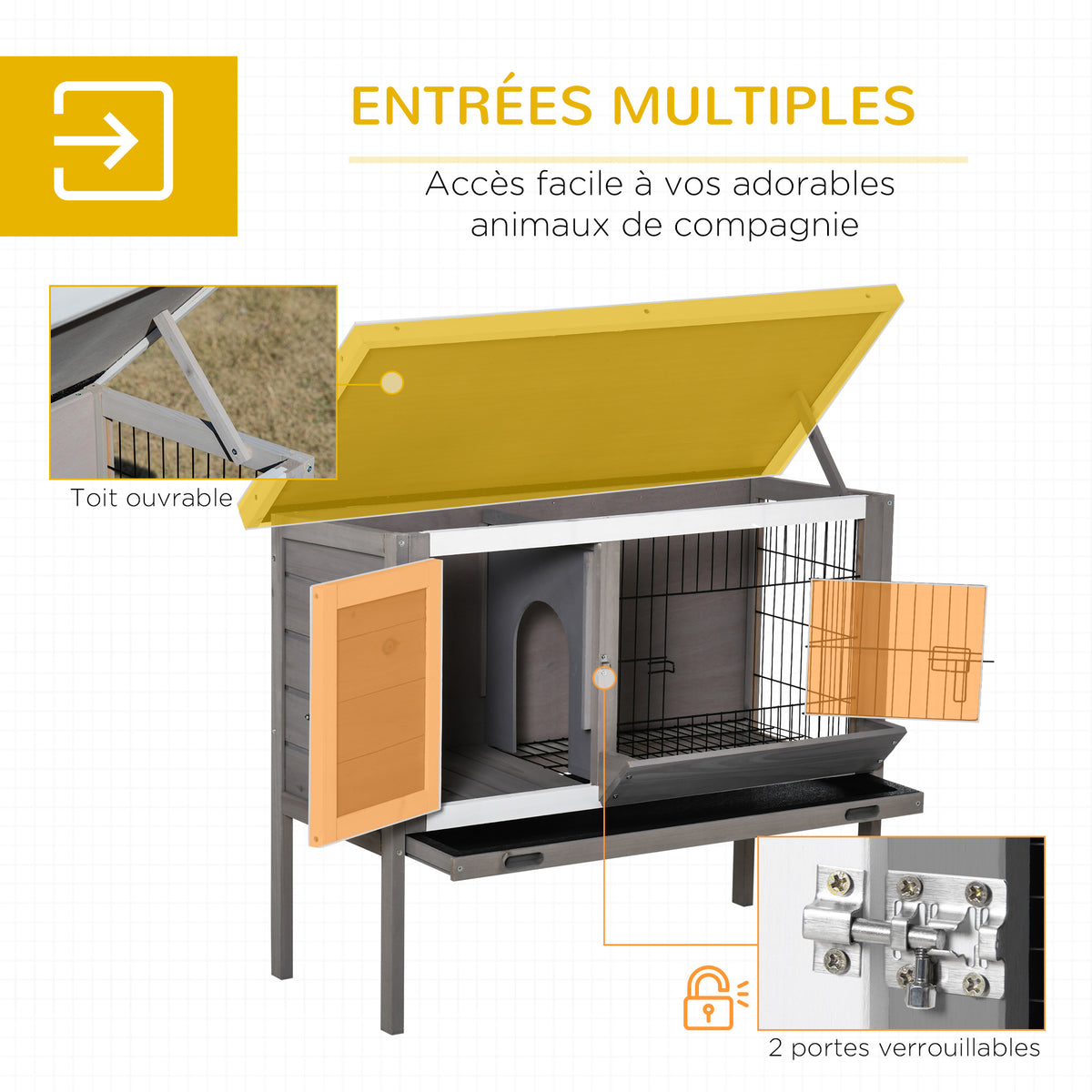 Clapier en bois pour lapin avec toit en asphalte mangeoire plateau amovible et 2 portes 91 x 46 x 71 cm gris-3