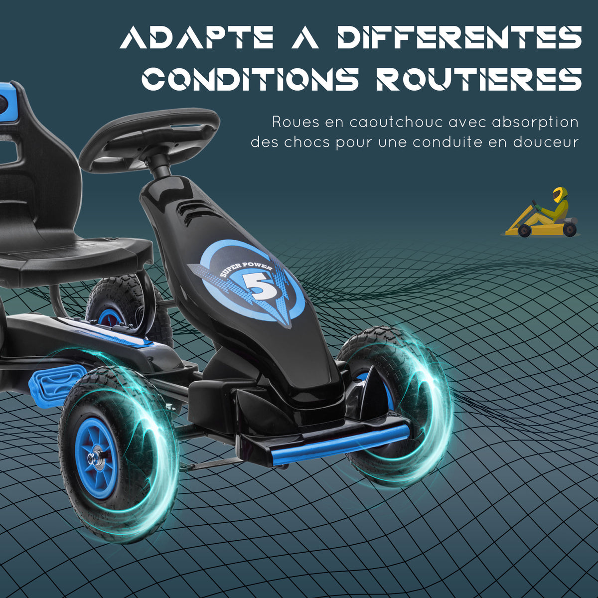 Kart à pédales pour enfant siège réglable 3 positions frein à main enfant de 5 à 12 ans bleu noir-5