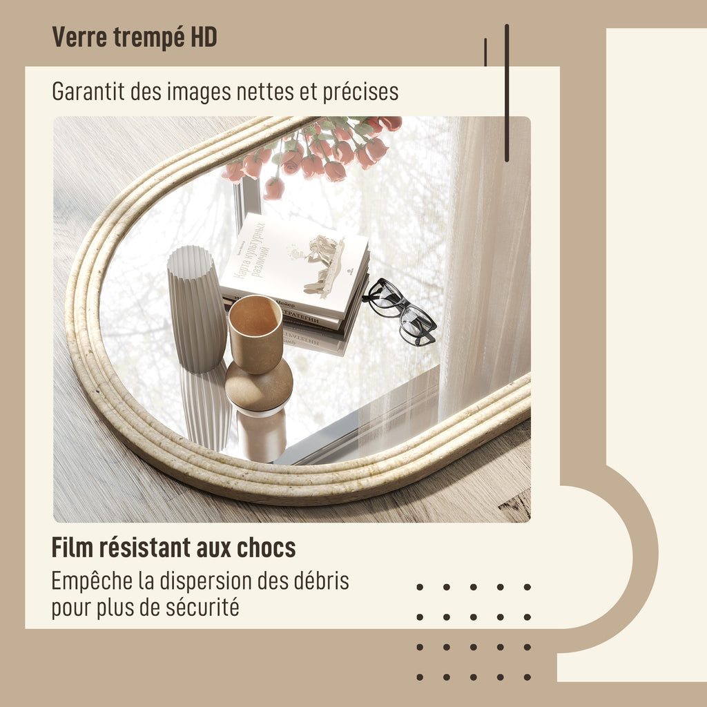 Miroir mural arqué, miroir moderne avec bord rainuré et crochets, verre trempé et polystyrène, 50 x 70 cm, beige-5
