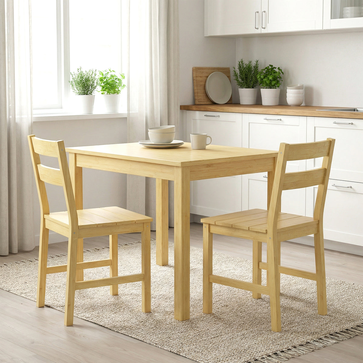 Lot de 2 chaises de salle à manger en bambou, chaises de cuisine sans accoudoirs avec assise à lattes, bois naturel-8