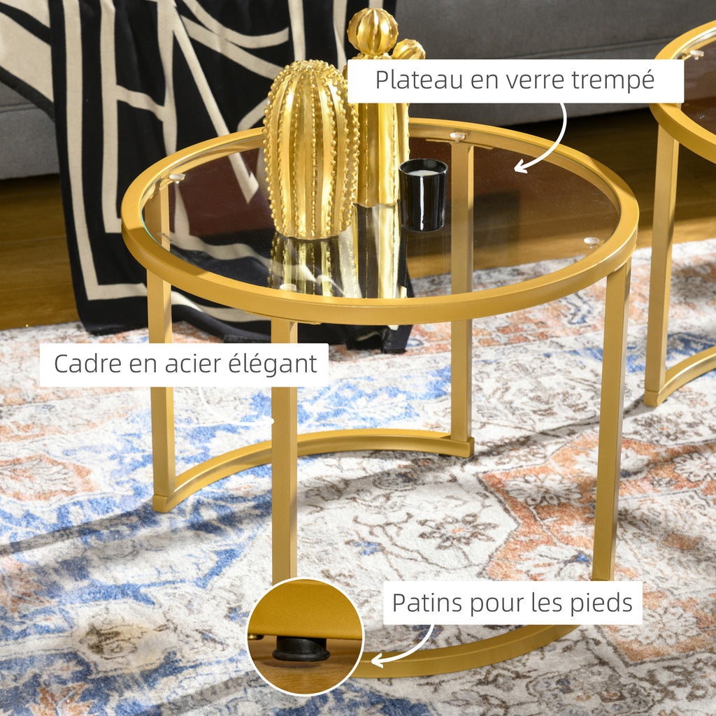 Lot de 2 tables basses gigognes rondes plateau verre trempé et pied en acier au carbone doré-4