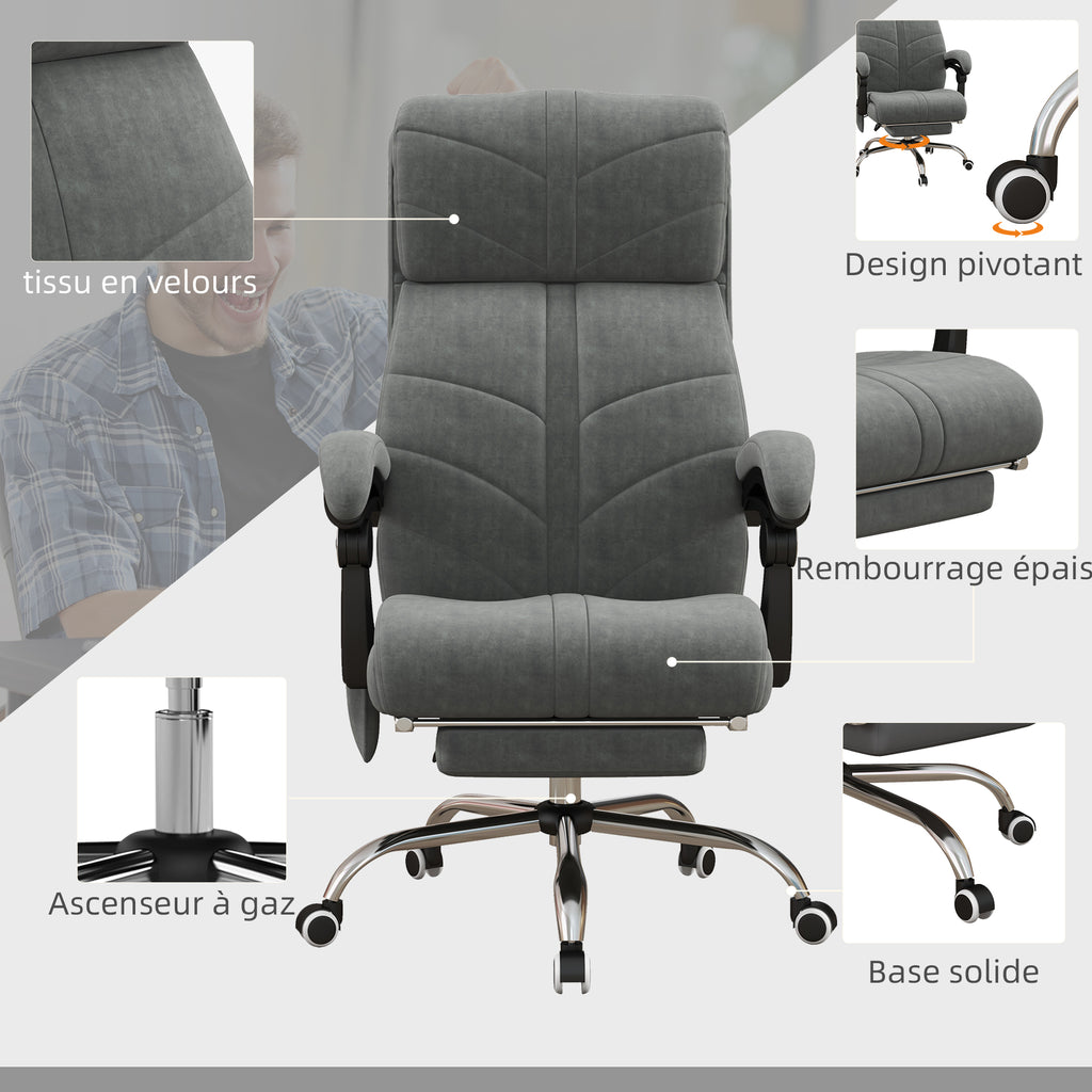 Fauteuil chaise de bureau massant chauffant inclinable avec repose-pieds intégré 5 roulettes gris-6