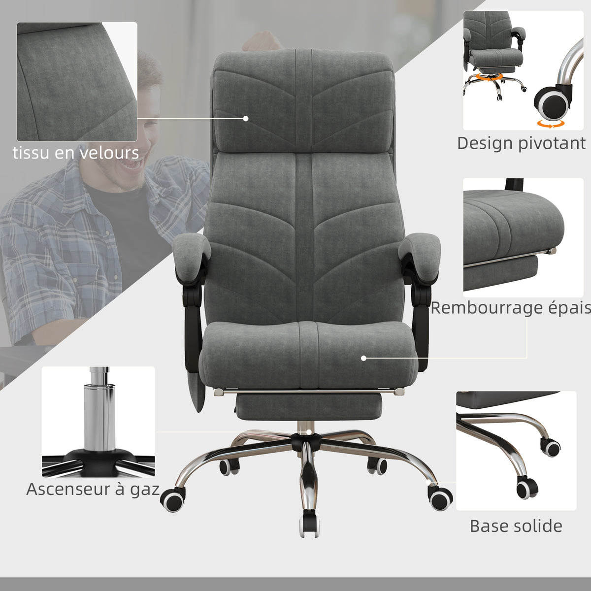 Fauteuil chaise de bureau massant chauffant inclinable avec repose-pieds intégré 5 roulettes gris-6