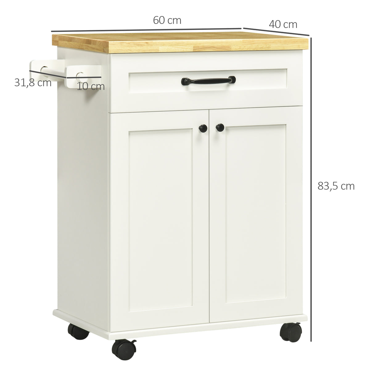 Desserte de cuisine à roulettes multi-rangements 1 tiroir 1 placard 1 portes-torchons blanc et plateau en bois-2