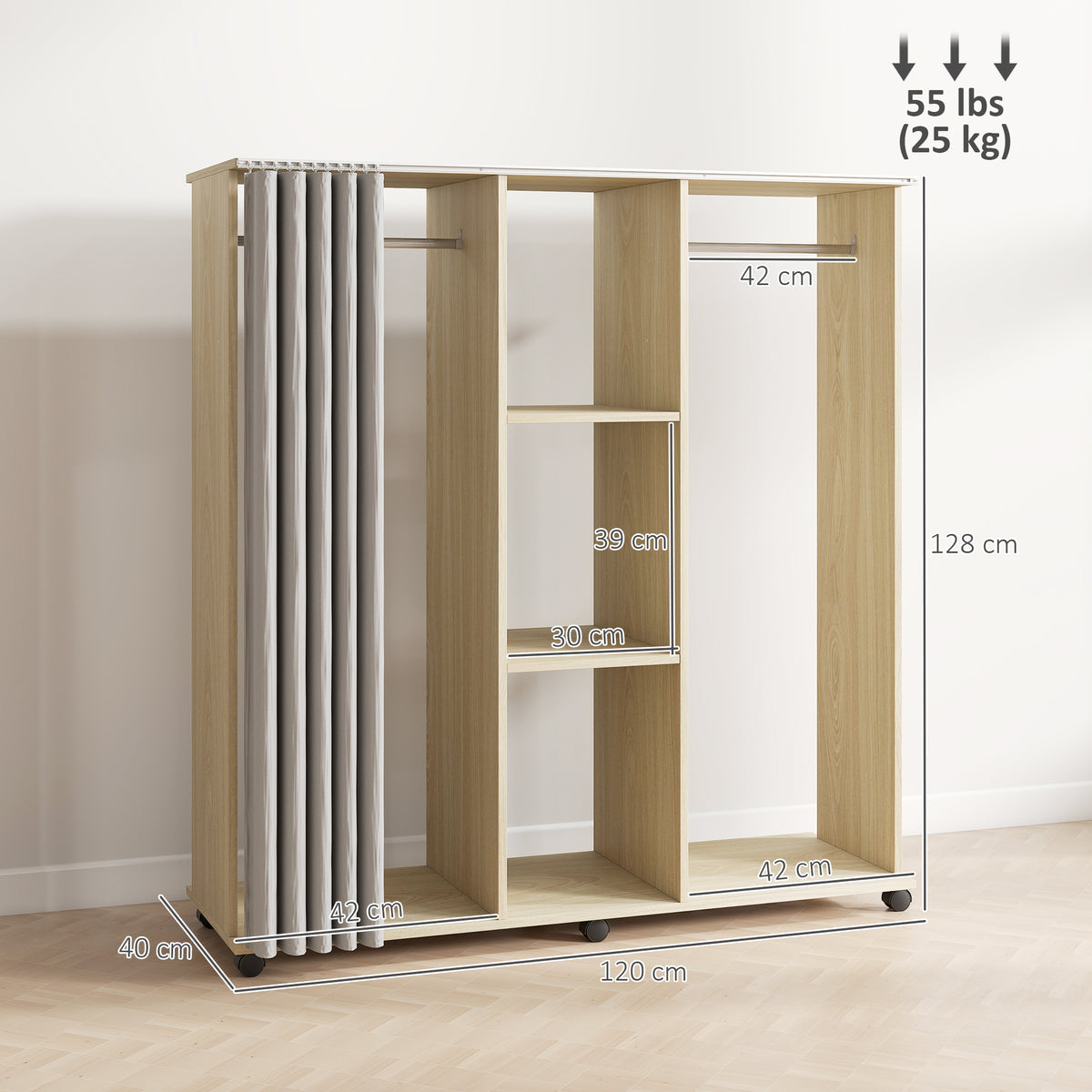 Armoire penderie Meuble de Rangement Mobile 6 roulettes 120L x 40l x 128H cm en bois naturel-2