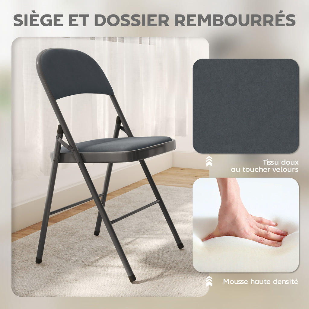 Lot de 4 chaises pliantes et portables intérieur avec assises et dossiers rembourrés en velours, cadre en acier, gris foncé-4