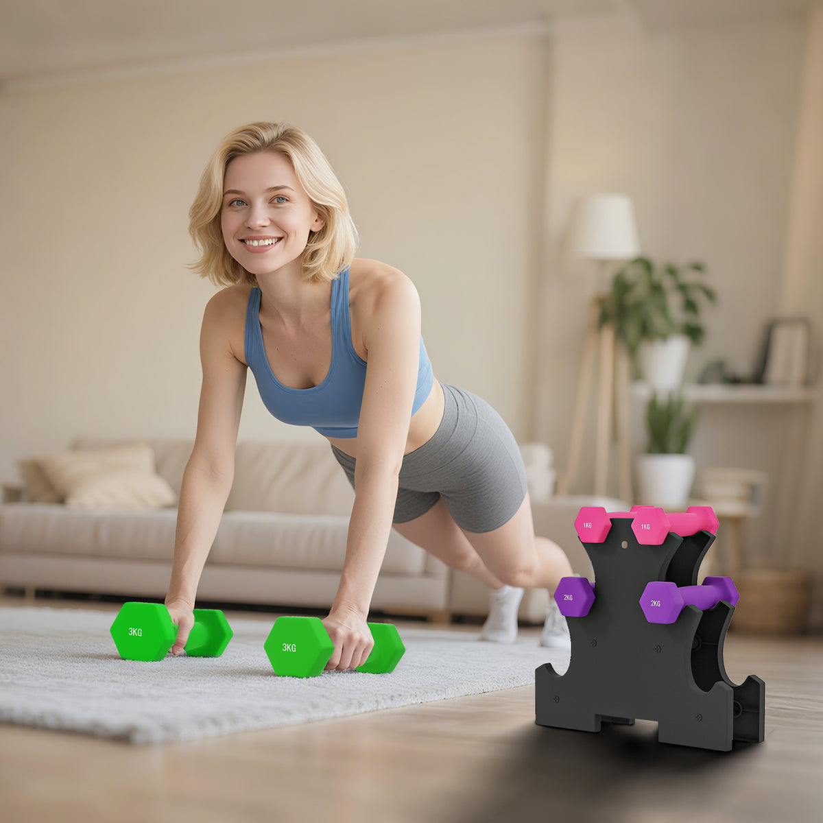 Ensemble d'haltères hexagonale avec support d'haltères, pour la musculation, 2 x 1kg, 2 x 2kg, 2 x 3kg-9