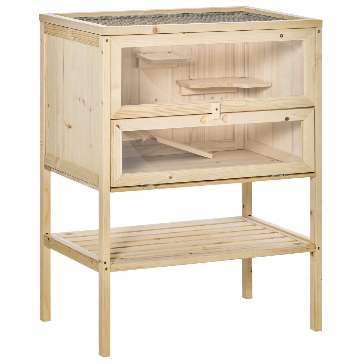Cage Hamster en Bois à 3 Niveaux avec Plateformes, Échelles, Étagère, Fenêtre, Toit Ouvrable, 60x40x80cm, Naturel-0