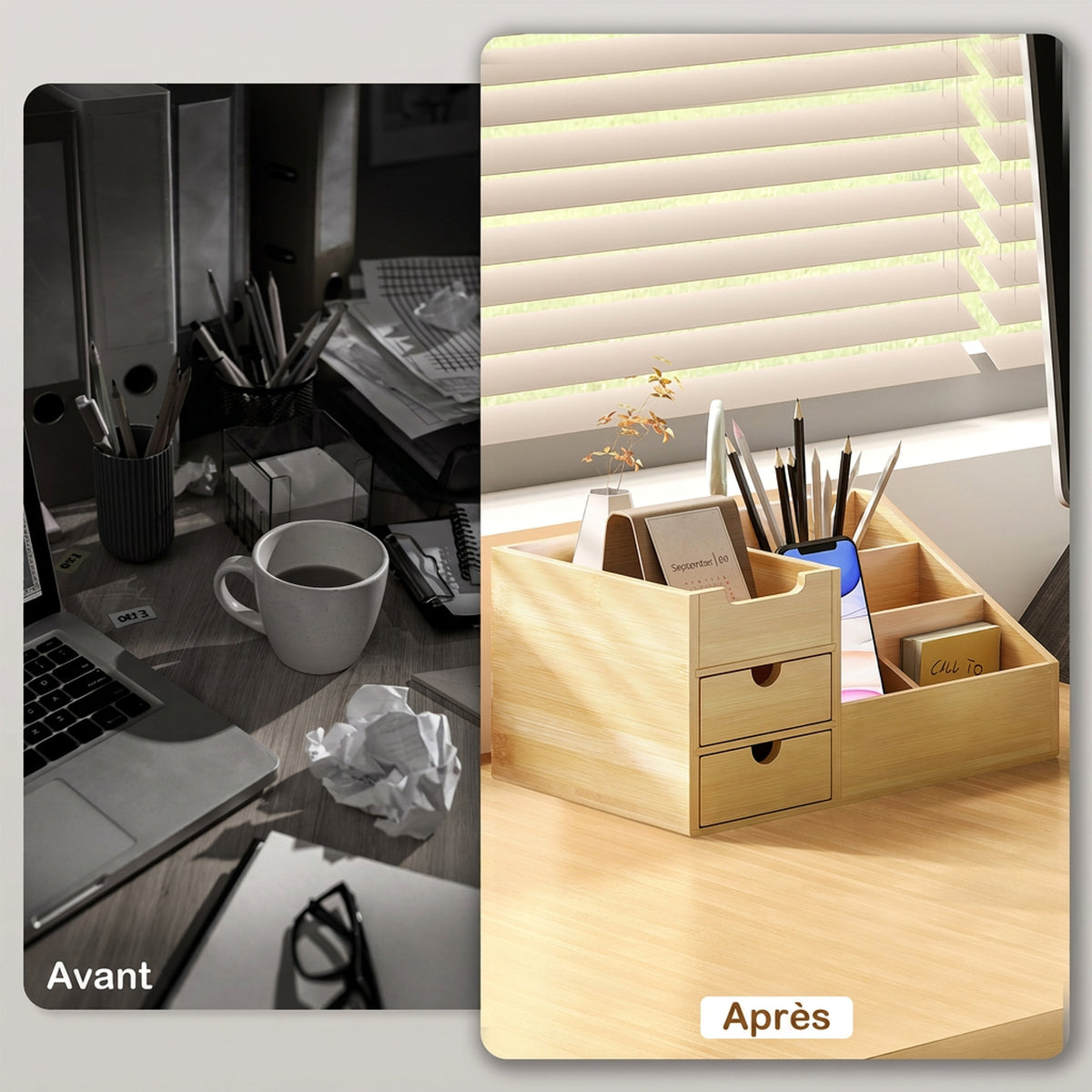 Boite de Rangement de Bureau - Organiseur de Bureau - 7 Compartiments, 2 tiroirs - Bambou Verni, Bambou-3