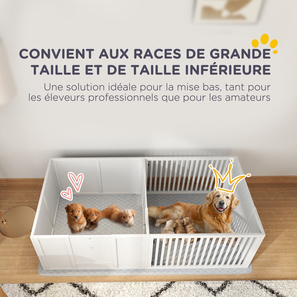 Boîte de mise bas pour chiens et chiots, parc de mise bas pour chiens porte à hauteur réglable 166 x 80 x 50 cm, blanc-3