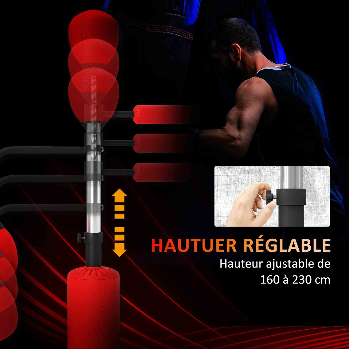 Sac de frappe sur pied 4 en 1 punching ball autonome balles de vitesse barre rotative gants 88 x 50 x 160-230 cm rouge-4