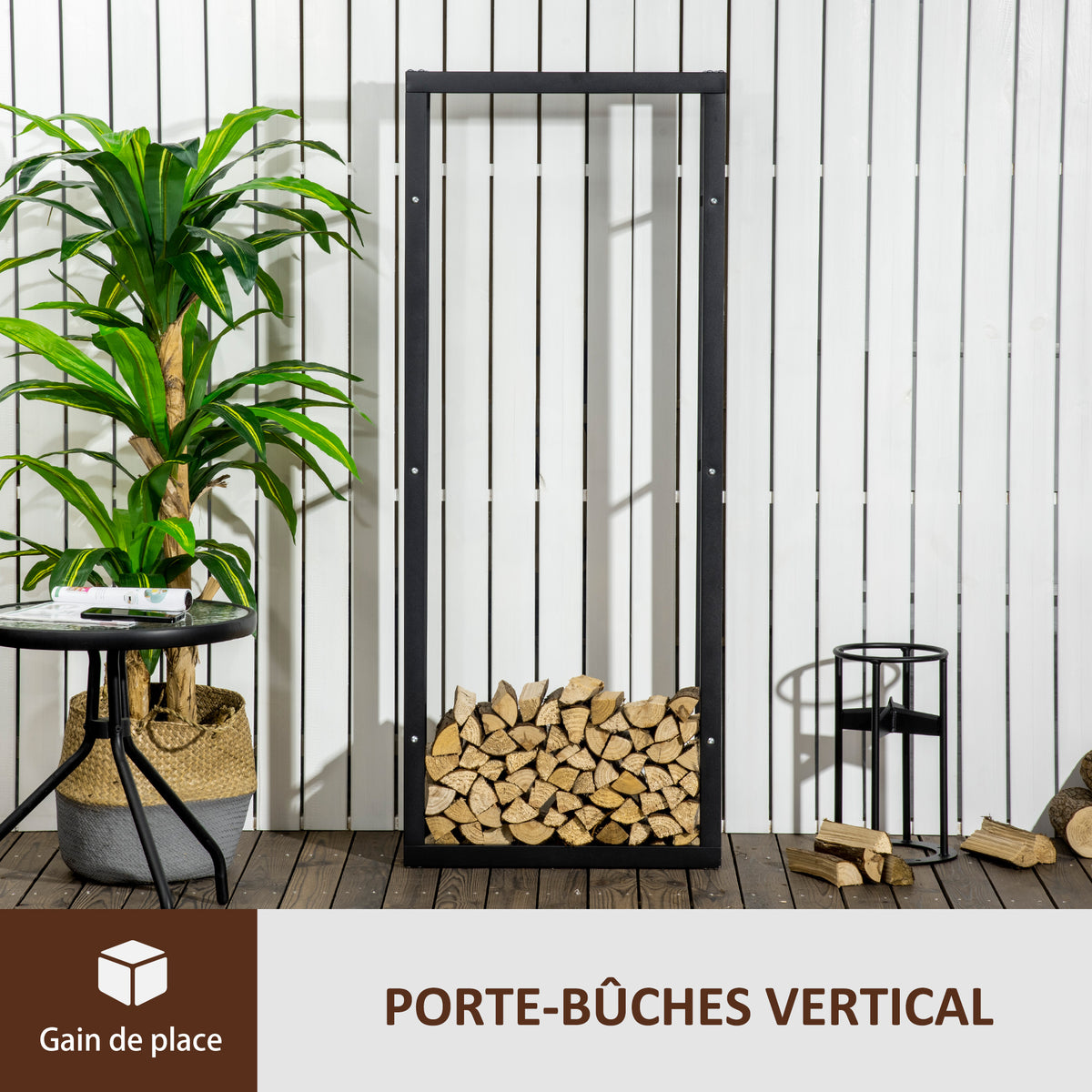 Range bûches Etagère porte bois de cheminée porte-bûches intérieur et extérieur charge max. 100 Kg dim. 60L x 25l x 150H cm métal noir-3