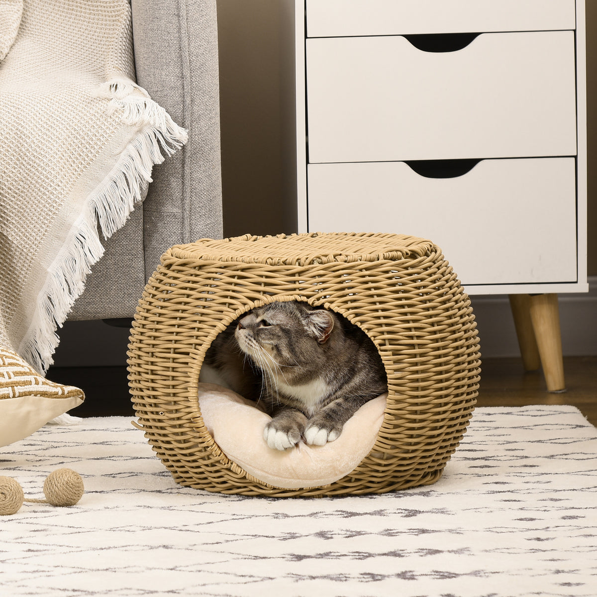 Niche panier maison pour chat 2 niveaux en résine tressée aspect rotin avec 1 coussin doux Ø 40 x 30 cm marron clair-1