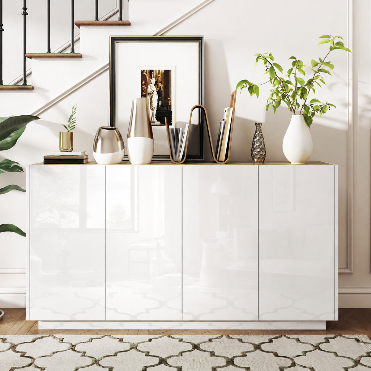Buffet salle à manger buffet cuisine 4 portes à fermeture douce et étagères réglables 140l x 40P x 75H cm blanc laqué-9