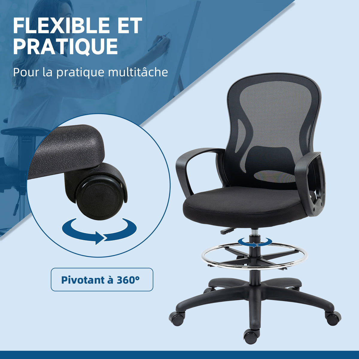Lot de 2 fauteuils de bureau chaise de bureau assise haute réglable pivotant 360° maille respirante noir-6