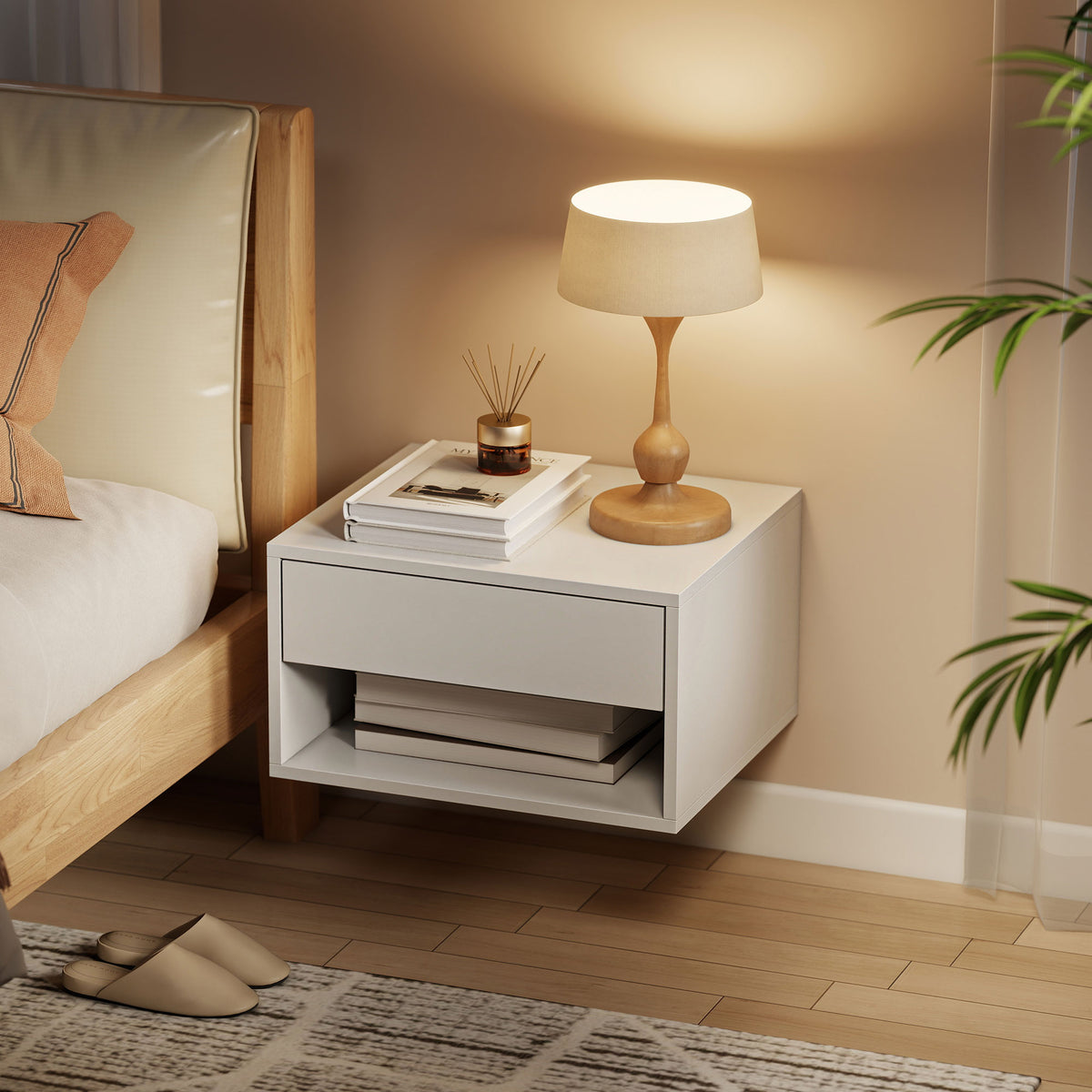 Lot de 2 tables de chevet murales, tables de nuit, tiroir, compartiment ouvert, plateau, 37 x 32 x 21 cm, blanc-6