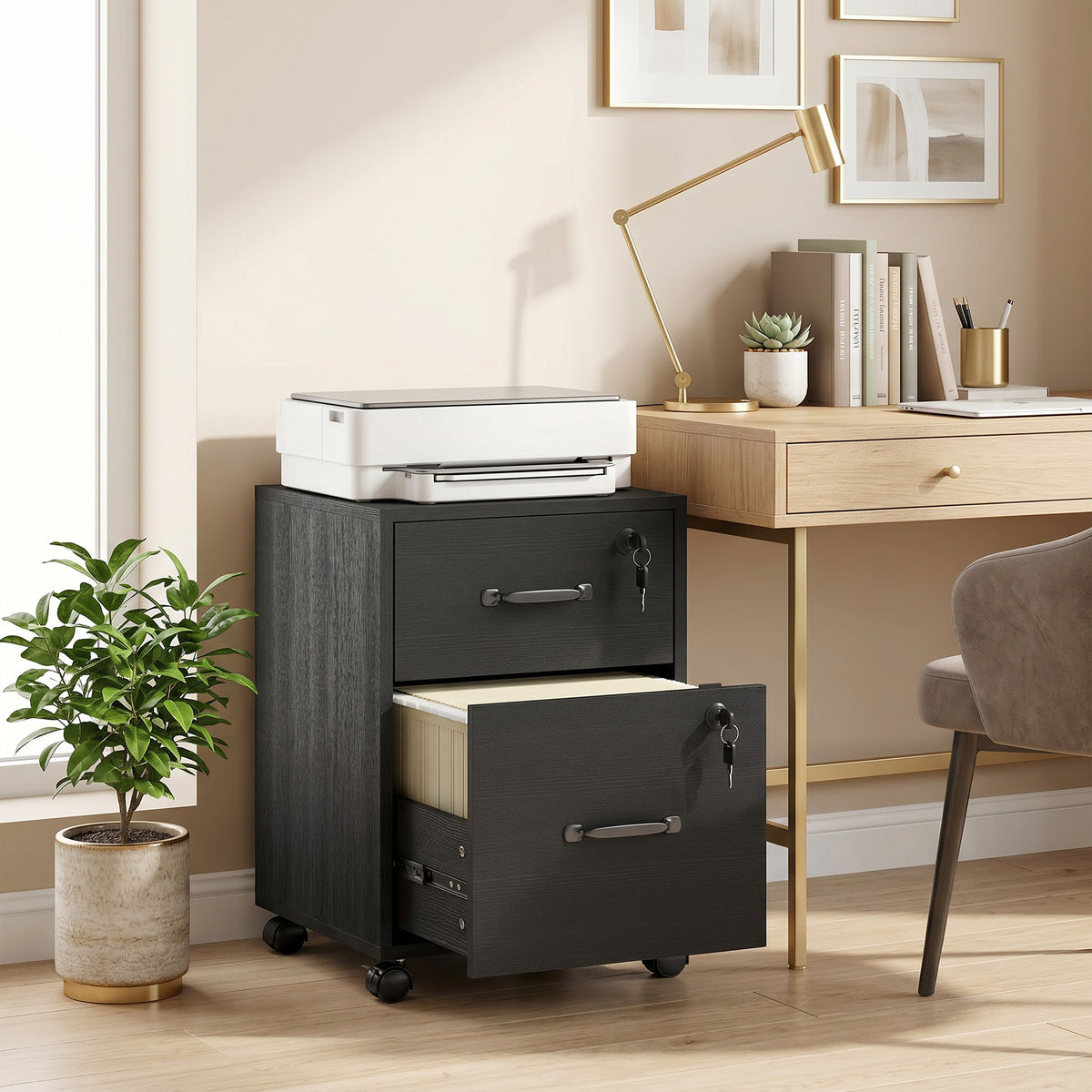 Caisson bureau mobile à 2 tiroirs, meuble rangement bureau sur roulettes pour documents suspendus format lettre, noir-8