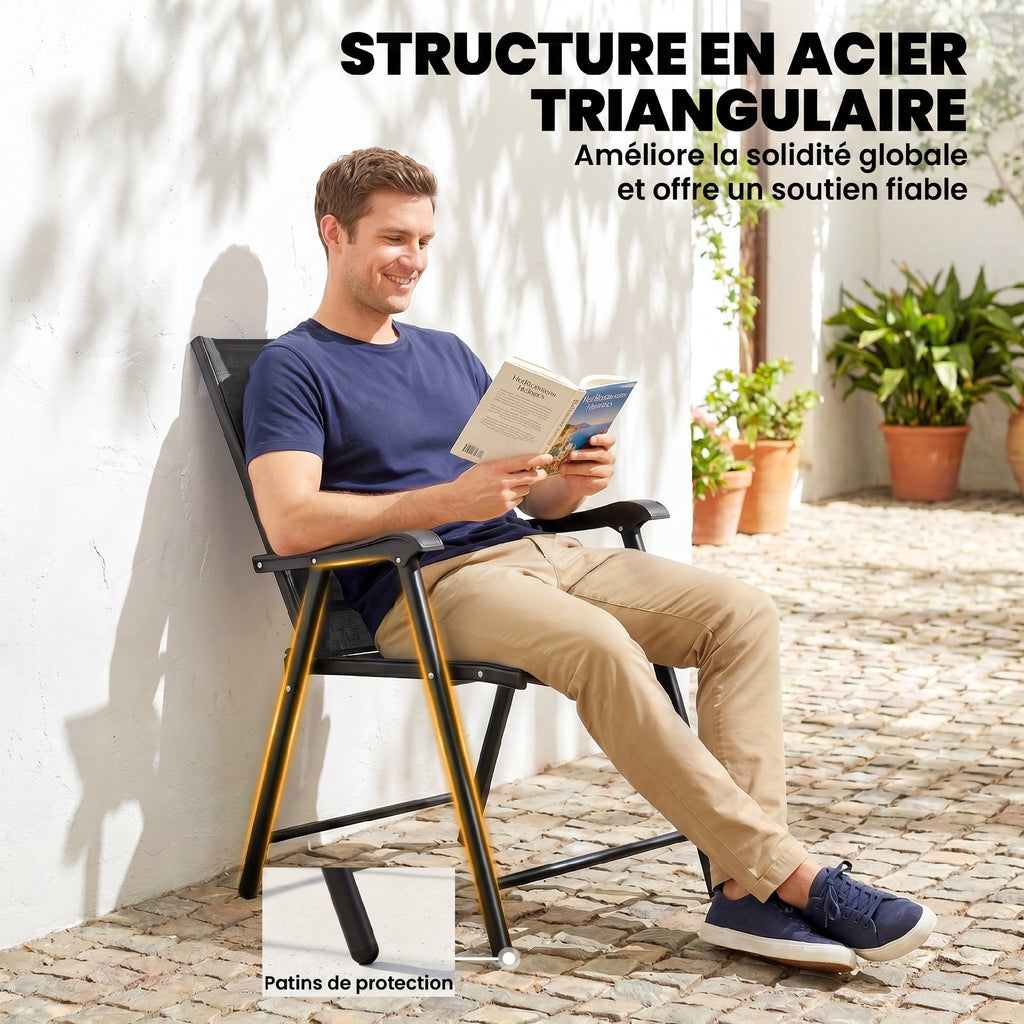 Lot de 4 Chaises de Jardin Pliantes Structure Acier Robuste sans Montage Dossier Haut Ergonomique 58x62x97cm Noir-6