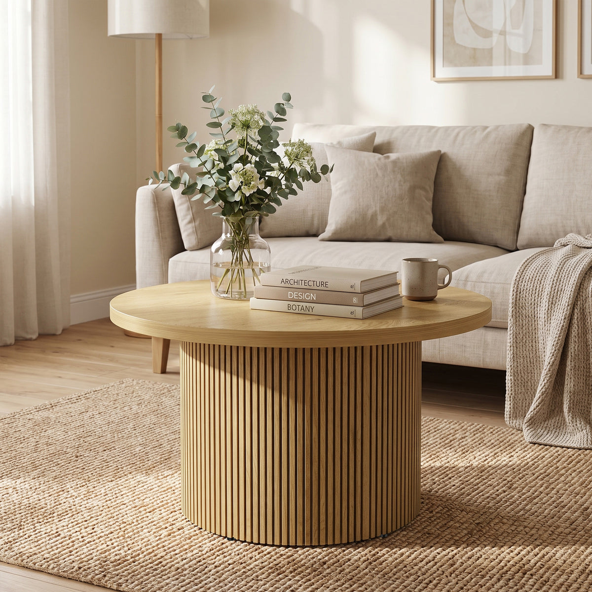 Table basse ronde en bois, table de salon avec piètement cannelé, style moderne, effet bois naturel-1