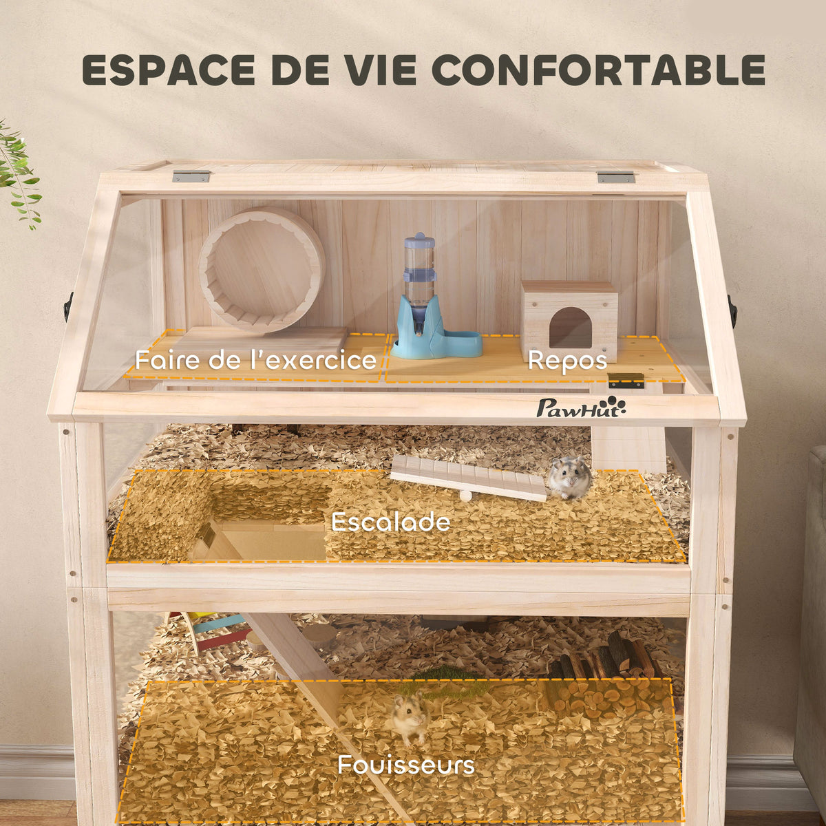 Cage pour hamster habitat pour rongeur 3 étages avec panneau acrylique et roue 80x53x117cm effet bois naturel-3