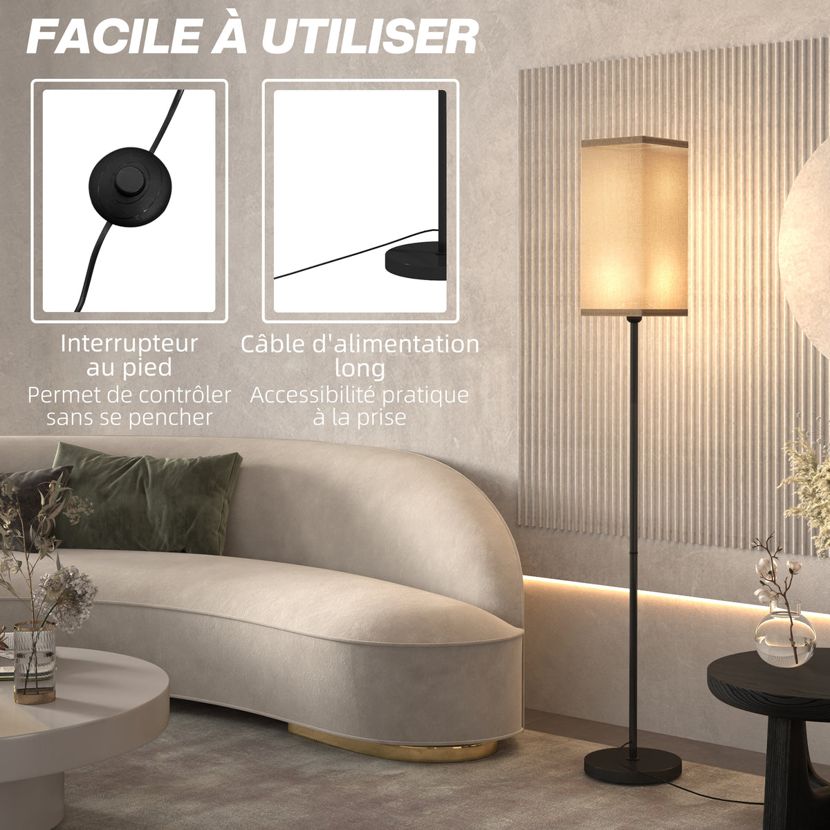 Lampadaire sur pied salon lampe salon sur pied avec abat-jour beige effet lin interrupteur à pied Ø 25 x 161,5 cm noir-6