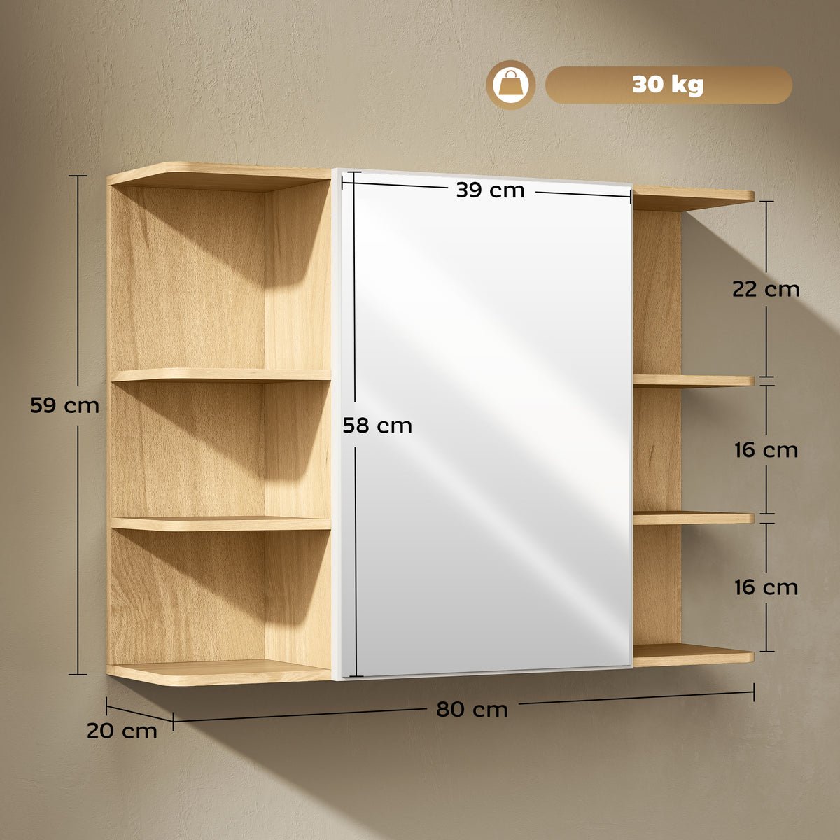 Armoire murale salle de bain avec miroir, meuble salle de bain avec étagères ouvertes, 80 x 20 x 59 cm, bois naturel-2