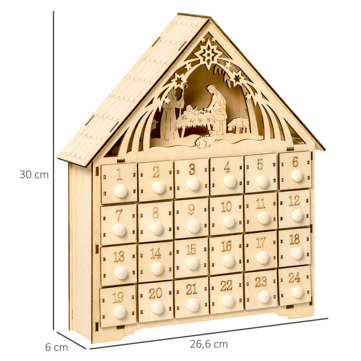 Calendrier de l'Avent à remplir en bois, décoration de Noël avec 24 tiroirs et 5 lumières LED, 26,6x6x30cm, bois naturel-2