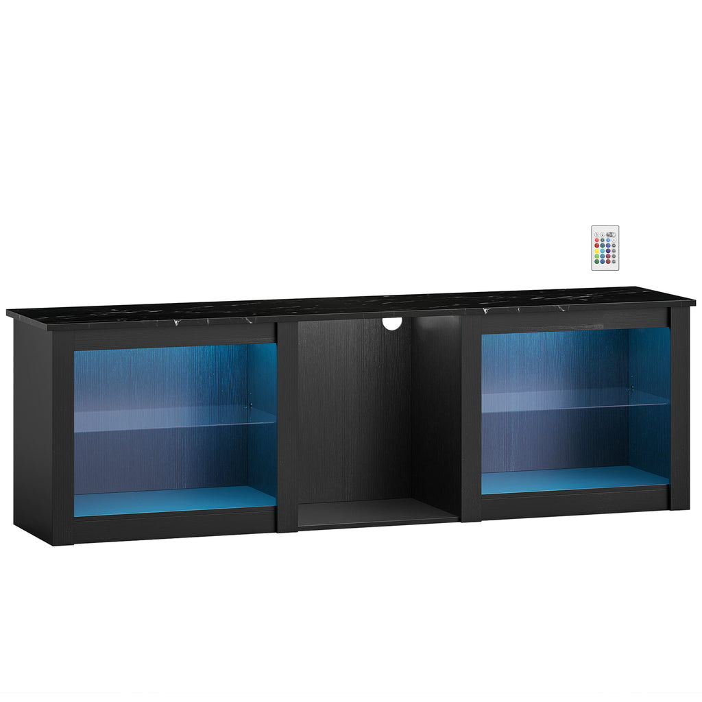 Meuble TV avec éclairage LED pour télévision jusqu'à 70 pouces, 160cm avec étagères en verre réglables, noir-0