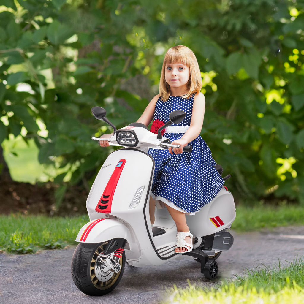 Scooter électrique enfant Vespa 6 V dim. 107L x 47l x 73H cm Musique MP3 Port USB Phare 2 roues d'entraînement - Blanc-1