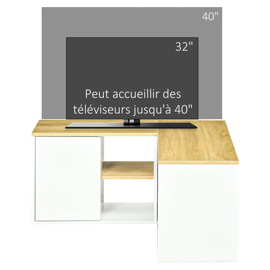 Meuble TV d'angle banc télévision jusqu'à 40 pouces avec rangements aspect bois clair et blanc-5