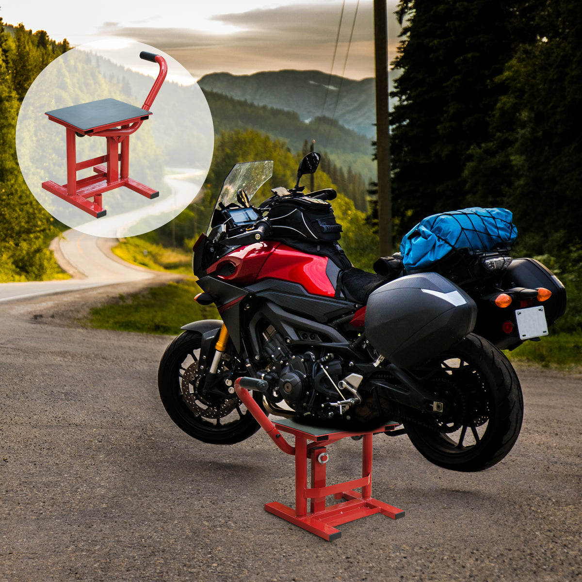 Lève moto béquille d'atelier stand moto tout-terrain moto cross supermotard hauteur réglable rouge et noir-1