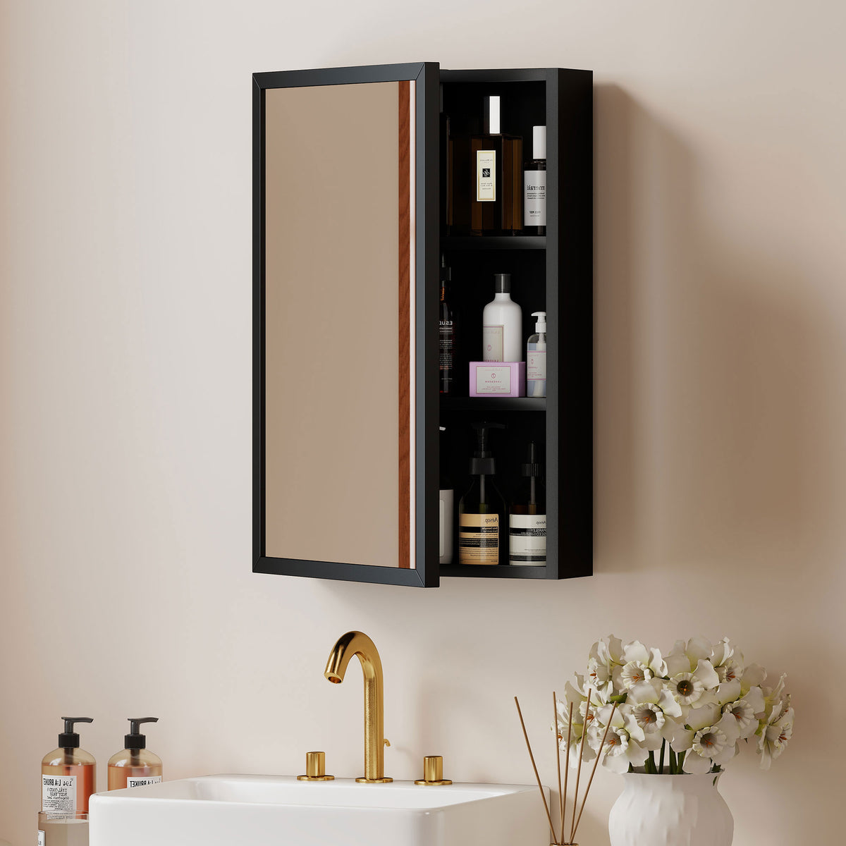 Armoire miroir de salle de bain armoire murale armoire à glace avec 1 porte et 2 étagères en acier 40 x 12 x 60 cm noir-1