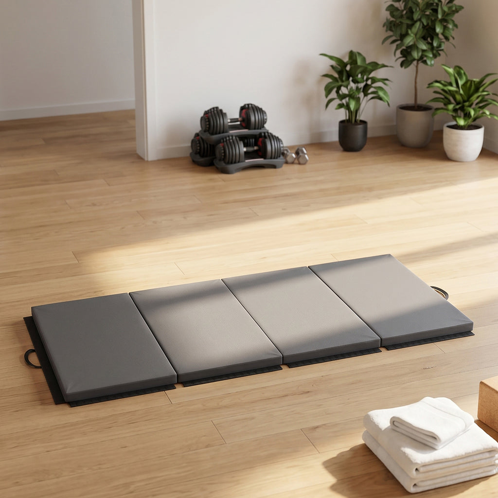 Tapis de gymnastique yoga pilates fitness pliable en 4 avec poignées revêtement synthétique 180 x 80 x 5 cm gris-1