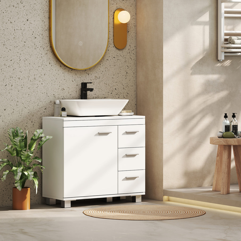 Meuble sous lavabo, meuble de salle de bain avec 3 tiroirs et porte à fermeture amortie, 70 x 30 x 64 cm, blanc-7