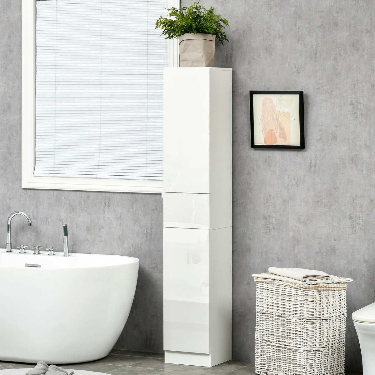Meuble colonne rangement salle de bain style contemporain 2 placards 3 étagères et 1 tiroir coulissant panneaux particules brillant dim. 30l x 28P x 170H cm blanc laqué-1
