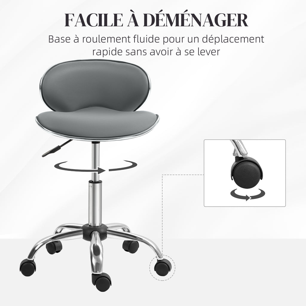 Tabouret à roulettes tabouret de travail avec hauteur réglable 44-56 cm et dossier, pivotant 360°, gris-5