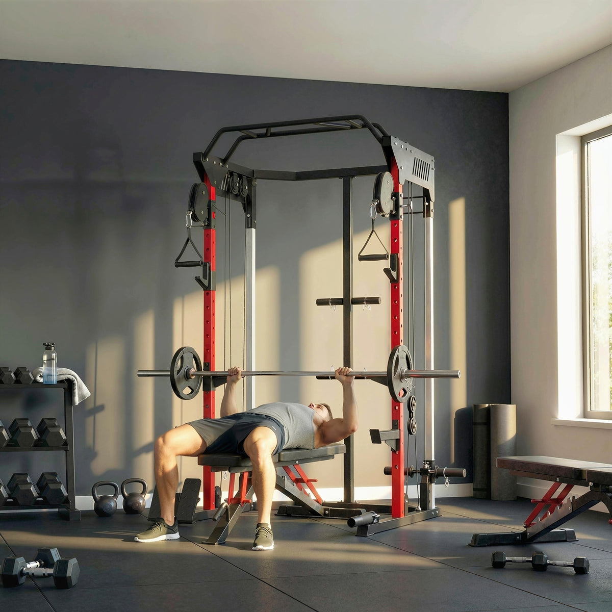 Station de Musculation Power Rack 900kg Double Poulie Réglable 19 Niveaux Home Gym Complet pour Entraînement Force Noir-9