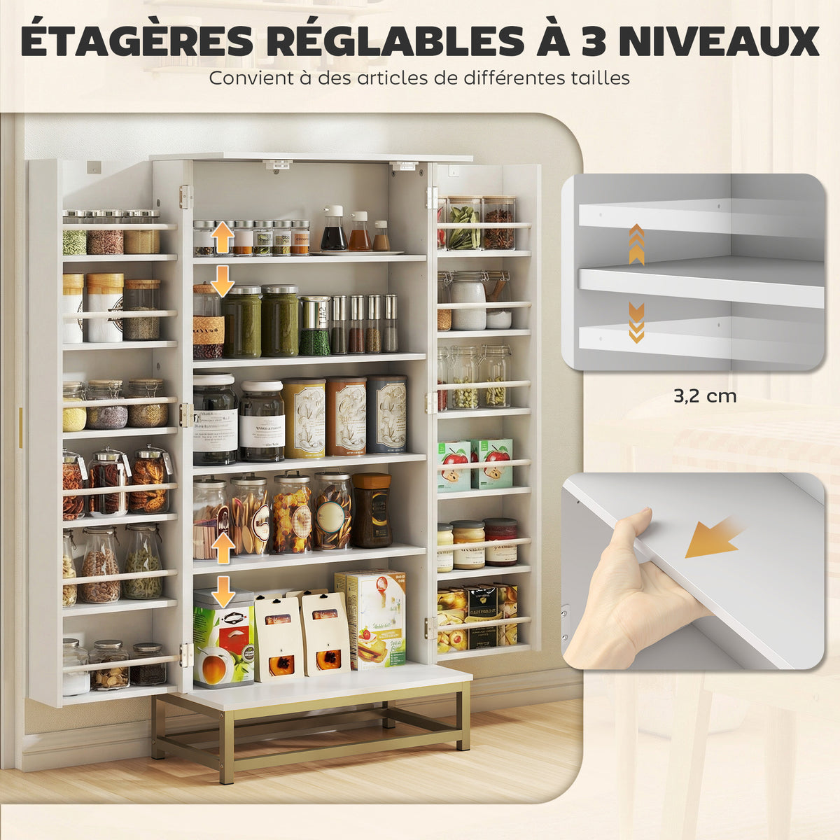 Armoire de cuisine meuble cuisine rangement avec 12 étagères à portes, étagères ajustables, 58x29x119,5cm, blanc-4