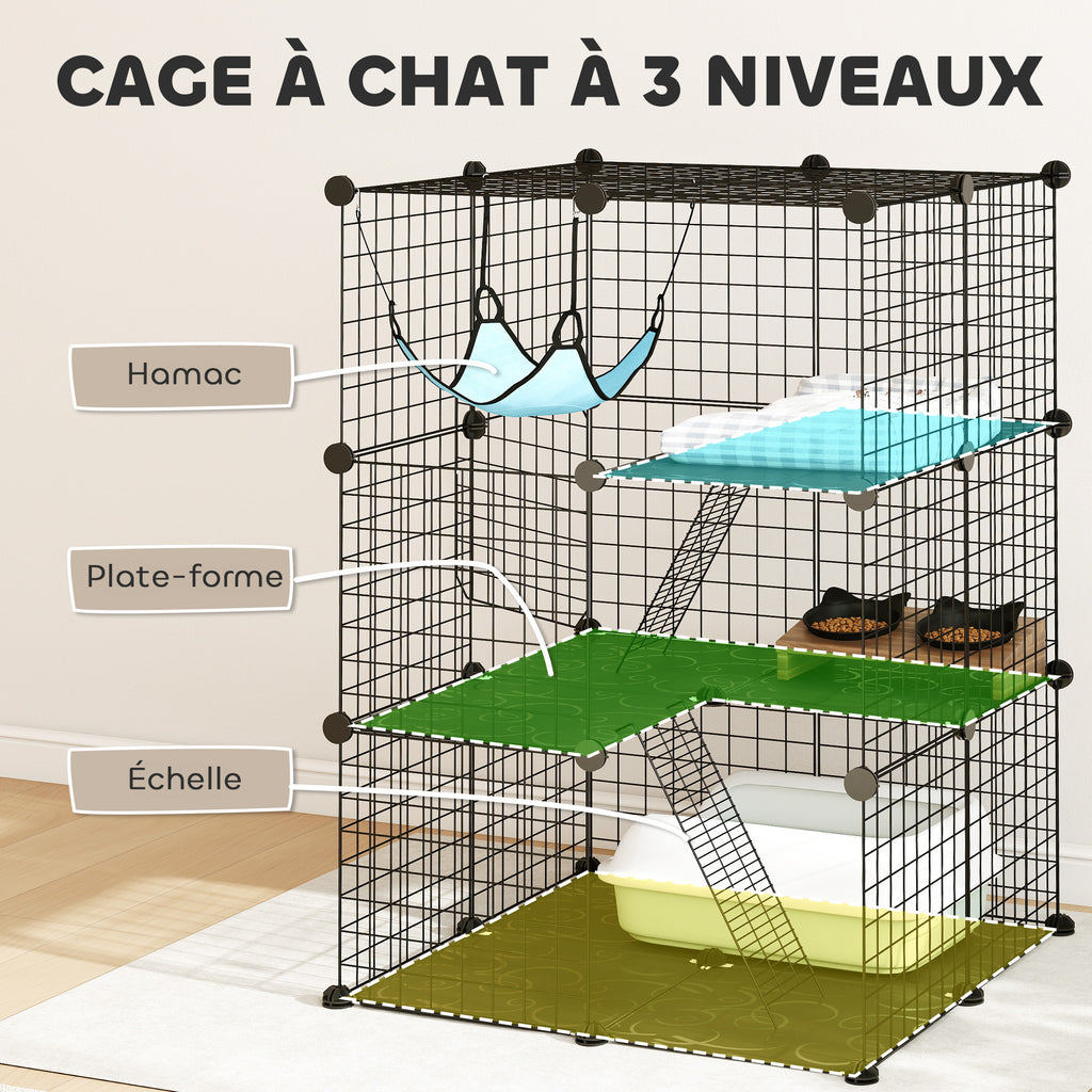 Cage Chat Intérieur Enclos Chat Modulable 3 Portes Hamac Échelle pour Petits Animaux de Compagnie 70x70x105cm Noir-4